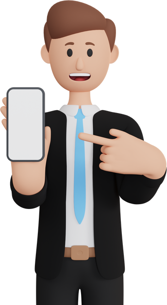 3d rendering man character pointing up smartphone